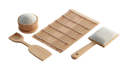 Wooden sushi tools and rice.  A collection of light-colored, wooden sushi tools, including a bowl of rice, a rice paddle, a bamboo mat, and a rice brush