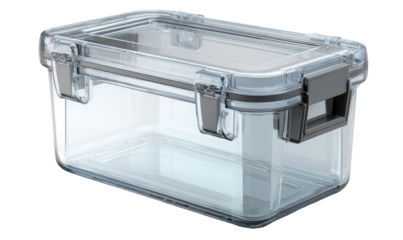 Clear plastic storage container with gray accents