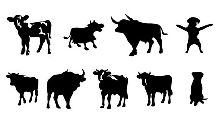 Farm animals silhouettes for creative design projects including cows, bulls, and a friendly dog