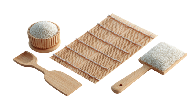 Wooden sushi tools and rice.  A collection of light-colored, wooden sushi tools, including a bowl of rice, a rice paddle, a bamboo mat, and a rice brush - Powered by Adobe