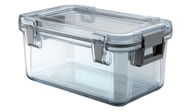 Clear plastic storage container with gray accents