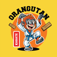 Cute orangutan in karate pose, wearing a white gi with blue belt in a cartoon character illustration