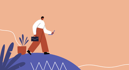 Modern professional walking with a laptop and briefcase, symbolizing business, remote work, and career progression in a stylized environment.