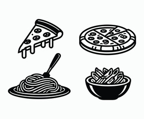 Outline drawing of Italian food pasta and pizza isolated template