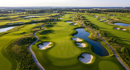 Aerial view of a lush green golf course with sand bunkers and water hazards on a sunny day, perfect for a game of golf and outdoor recreation