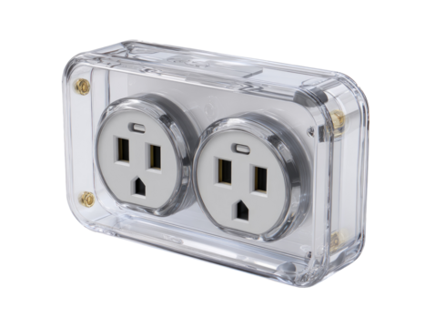 Clear plastic enclosure housing two electrical outlets
