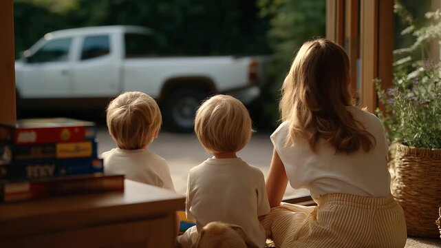 1 a suburban cul de sac with kids and pets cluttered with toys soft natural light from the afternoon a family in a truck playing natural poses as they laugh detailed textures