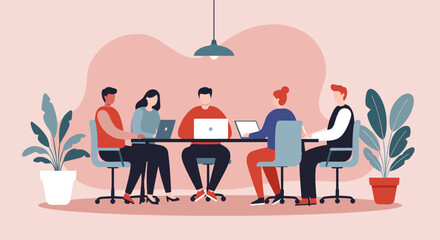 Diverse team of professionals working together in a modern office, collaborating on laptops around a meeting table. Represents teamwork, productivity, and business discussion.