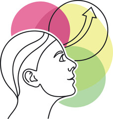 Vector art of profile of a person with colorful circles and an upward arrow