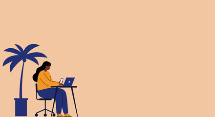Woman working remotely on laptop and phone next to a potted palm tree, embodying flexible work, digital nomad lifestyle, and technology.