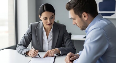 Clarity in Contract: A Poised Lawyer meticulously Explaining a Document to Her Client.