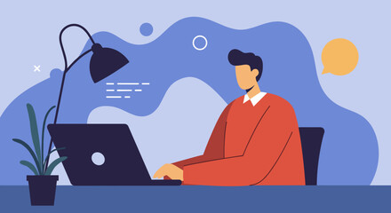 Professional man diligently working on a laptop at his desk, featuring a lamp and plant. Perfect for remote work, online learning, or digital business concepts.