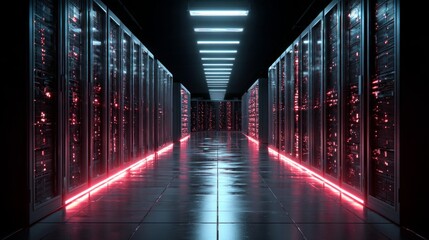 A data center corridor bathed in futuristic neon glow, embodying the digital heart of connectivity. This dynamic view captures the technological marvel.