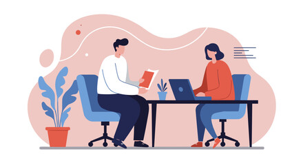 Two professionals collaborate in a modern office, one reviewing documents while the other works on a laptop. Ideal for business, teamwork, and productivity concepts.