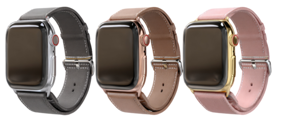 Three smartwatches with leather bands in various colors
