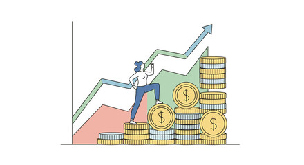 financial growth concept illustration vector, success woman climbing money, upward trend, business concept 