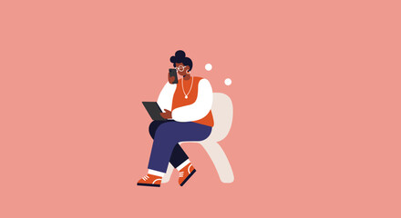 Modern illustration of a person using a smartphone and laptop, representing digital connectivity, remote work, and multitasking.