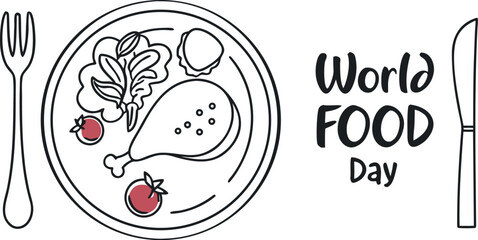 Vector art of world food day illustration with plate, fork, knife and food