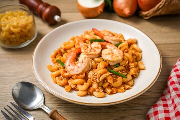 Homemade Stir fried macaroni with shrimp and egg in white plate