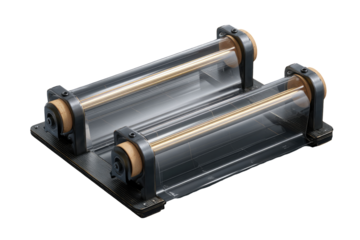 Two clear rollers, mounted on a dark gray base, with gold accents.  The rollers are parallel and slightly angled.  Industrial precision equipment