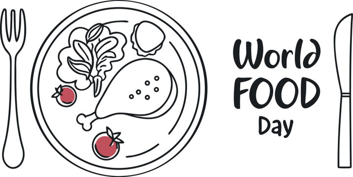 Vector art of world food day illustration with plate, fork, knife and food