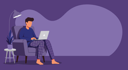 Man in pajamas working remotely on a laptop from a cozy armchair at home, representing modern work-life balance and productivity in a relaxed environment.