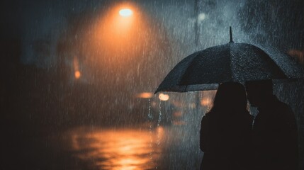 Romantic evening stroll under umbrella in the rainy city streets