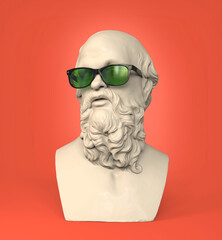 Statue of Socrates, bust of Socrates with sunglasses. 3D rendering.