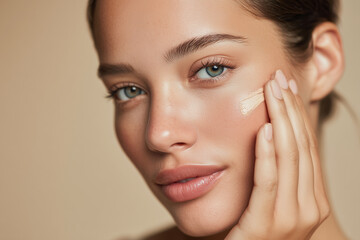 Close-up of a young woman applying foundation makeup on flawless skin with a soft beige background