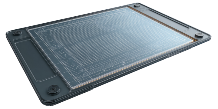 Gray tablet-like device with clear screen and grid