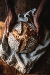 Artisan bread with rustic crust held by hands on wooden table