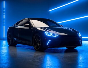 Sleek Black Car in Neon Blue Studio
