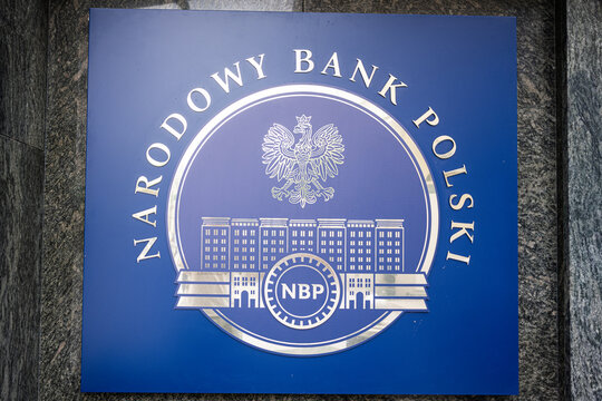 Narodowy Bank Polski sign on building in Rzeszow, Poland with official emblem