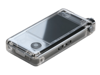 Clear, rectangular device, likely a portable medical or diagnostic tool, encased in a transparent protective shell.  A display screen is visible, along with other components