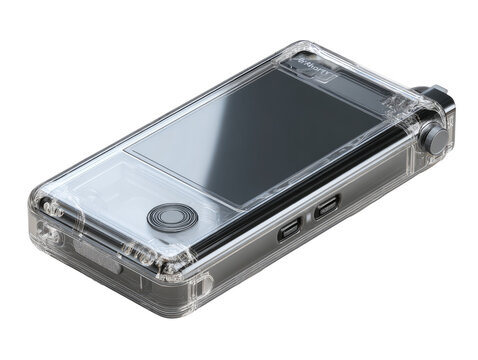 Clear, rectangular device, likely a portable medical or diagnostic tool, encased in a transparent protective shell.  A display screen is visible, along with other components