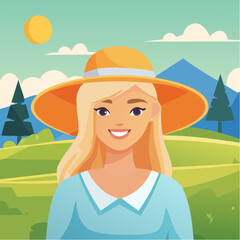 Beautiful blond woman portrait in a summer hat smiling isolated