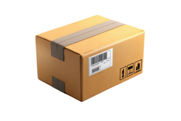 A sealed, brown cardboard box with tape and shipping labels