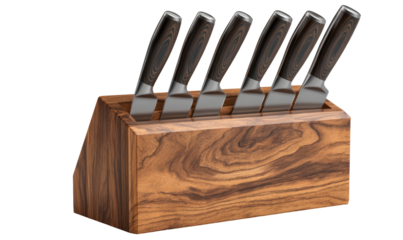 Wooden knife block, holding seven knives.  Dark wooden block, angled, with slots for knives.  Knives are steel, with dark-colored handles.  High angle, studio shot
