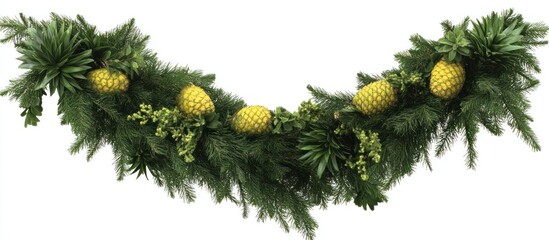 Festive garland with pine branches, small green flowers, and yellow pinecones.