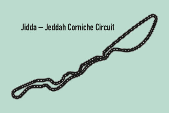 Race track map of Jeddah Corniche Circuit in Jidda, Saudi Arabia, modern Formula 1 street circuit layout isolated on light background.