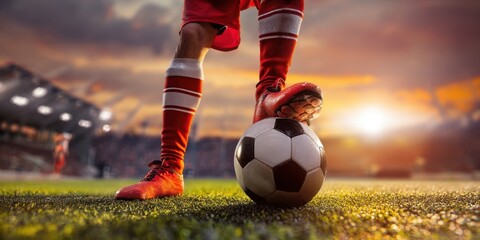 The Soccer Player's Foot on a Ball in a Dramatic Stadium Sunset