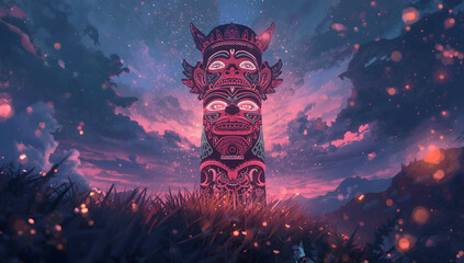 Dreamy Sunset Scene with a Colorful Totem Pole Artwork