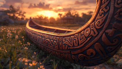 Intricately Carved Wooden Canoe at Sunset in a Field of Flowers
