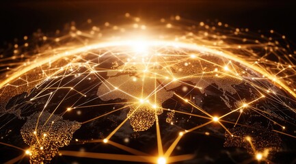 Global network. Golden lines connect world map