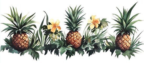Fototapeta premium A row of pineapples interspersed with yellow flowers and green foliage.