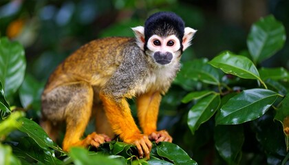 Obraz premium Small primate with orange limbs perched on lush green foliage
