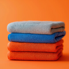 Stack of colorful folded towels against a vibrant orange background