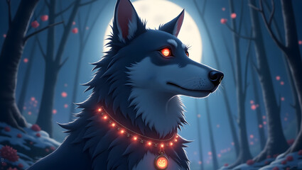 Mystical Wolf with Glowing Eyes in a Dark Forest