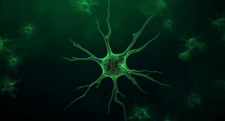 Abstract Green Neural Network, Glowing Dendrites, and Dark Background Texture.
