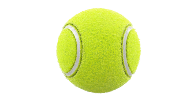 Vivid isolated tennis ball with green fuzzy surface and white seam, set against black